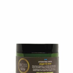 Maschera idratante BROSS Bioethical Hair Care โ Hydrating Mask con argan e olivo, ideale per nutrire in profonditร i capelli secchi grazie a burro di karitรฉ e attivi vegetali. Trattamento Organic Goji.