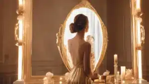 Il nuovo lusso? Sentirsi capiti. Una donna è fiera davanti allo specchio.